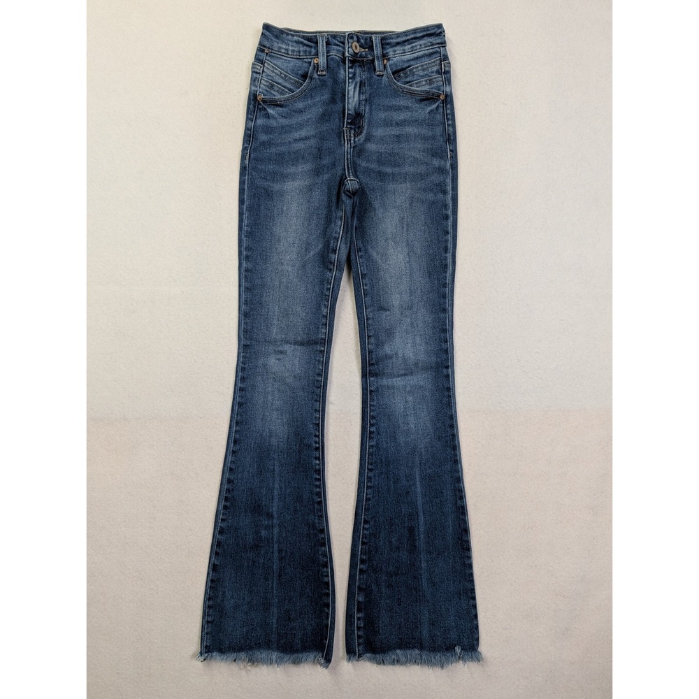 KanCan Womens Flare Jeans 24 Raw Hem Split‎ Back Seam High Rise Blue